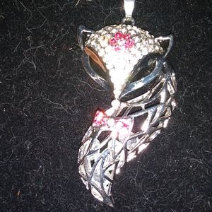 Pink and White Crystal Fox Head and Tail Pendant Necklace